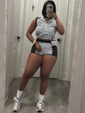 Two piece set of striped printed half zip sleeveless top with spliced shorts