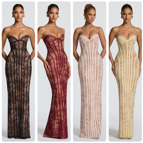 Lace strapless tight long dress