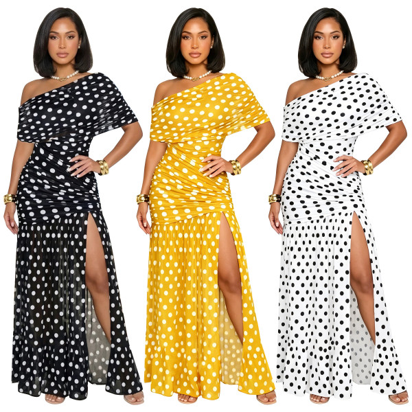 Split long skirt with polka dot perspective dress