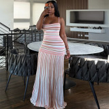Strap striped waist cinching backless dress