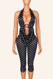 Polka print strap hanging neck backless top, cropped pants set