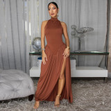 Half high neck sleeveless dress with slit skirt