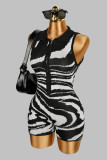 Zipper half open collar sleeveless striped printed jumpsuit shorts