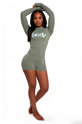 Elastic zipper hooded jacket top shorts two-piece set