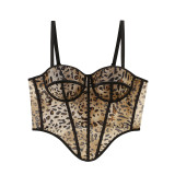 Printed leopard print breasted mesh fishbone corset