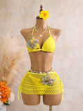 Hollow out bikini knitted three piece swimsuit