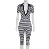 Striped print lapel short sleeved tight fitting jumpsuit cropped pants