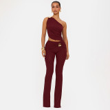 Two piece set of metal single shoulder pleated top and slightly flared pants