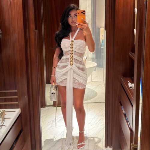 Lace see through ribbon neck dress