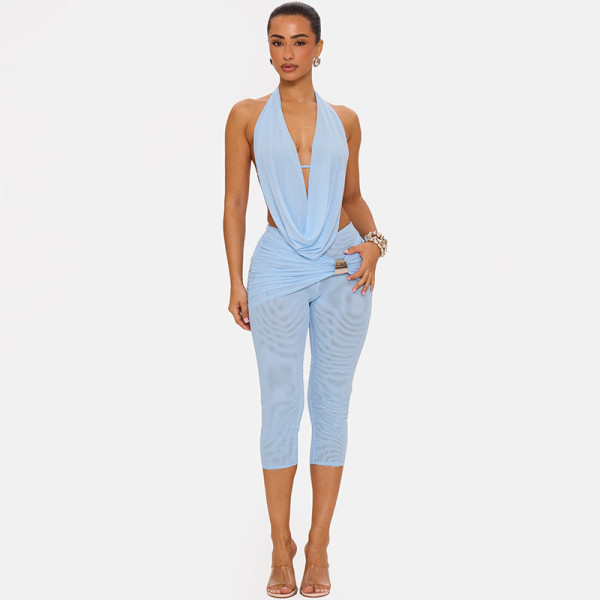 Hanging collar, halter strap, backless suspender, tight fitting five quarter pants set