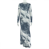 Straight tube hip hugging skirt, color blocked round neck long sleeved dress