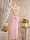 Strapless, neck tied, fish tail long skirt bikini three piece swimsuit set