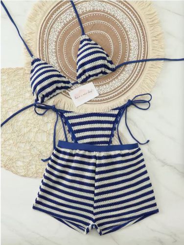Knitted striped split swimsuit flat angle pants three piece set
