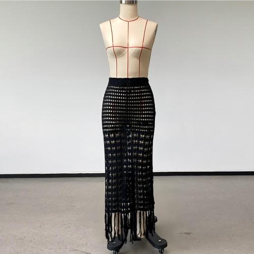 Side slit tassel half skirt with hollowed out knitting drawstring wrapped hip skirt