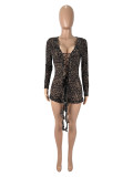 Leopard print mesh lace up long sleeved tight jumpsuit