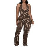 Backless fringe print neck strap jumpsuit
