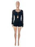 Lace long sleeved backless strap hanging neck double layered jumpsuit shorts