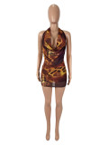 Leopard print backless mesh hanging neck short skirt set (lining)