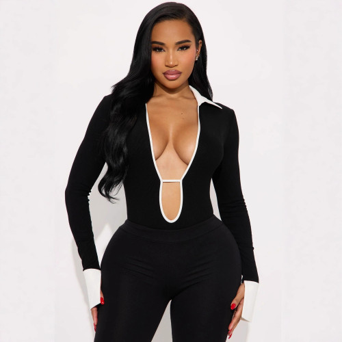 Spliced shirt lapel hollowed out seven part jumpsuit set
