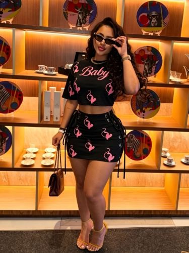 Printed round neck T-shirt with strap short skirt two-piece set