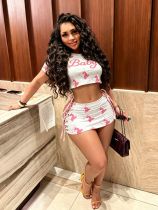 Printed round neck T-shirt with strap short skirt two-piece set
