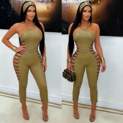 Backless zipper strap hollow jumpsuit