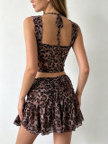Leopard print mesh knot hanging neck short top pleated skirt two-piece set