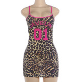 Leopard print sleeveless U-neck dress with hip hugging suspender