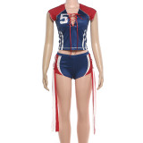 Color blocked drawstring short T-shirt with side straps and shorts set
