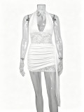 Hanging neck deep V-lace pleated hip hugging dress