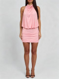 Hanging neck, swinging collar, backless strap, pleated short skirt