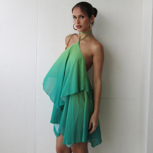 Gradient color neck hanging, backless, strapless, and hip hugging dress