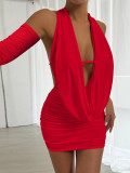 Backless long sleeved deep V-neck pleated hip hugging short skirt