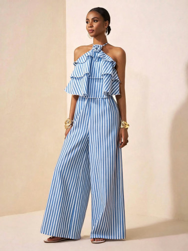 Lace up neck hanging backless striped jumpsuit