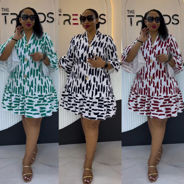 Printed patchwork ruffled mid sleeve loose dress
