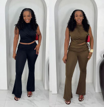 Two piece set of sleeveless pleated elastic tight pants
