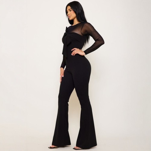 Slim fit elastic mesh splicing jumpsuit