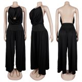 Hanging neck V-neck pleated wide leg two-piece set