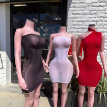 Super elastic shiny body sock skirt, see through lace strapless dress
