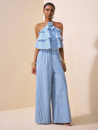 Lace up neck hanging backless striped jumpsuit
