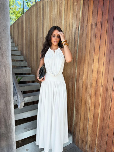 Hanging neck V-neck pleated wide leg two-piece set