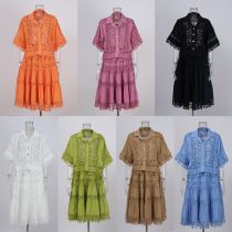 Lace hollow hook flower short top high waisted lace patchwork skirt set