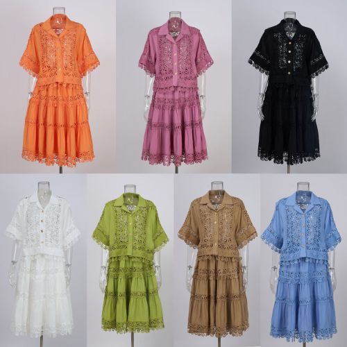 Lace hollow hook flower short top high waisted lace patchwork skirt set