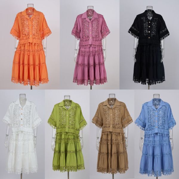 Lace hollow hook flower short top high waisted lace patchwork skirt set