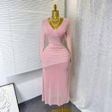 Cross V-neck long sleeved stretch mesh rhinestone dress