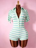 Striped pit threaded deep V-neck jumpsuit shorts