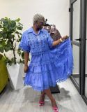 Lace hollow hook flower short top high waisted lace patchwork skirt set