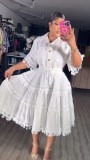 Lace hollow hook flower short top high waisted lace patchwork skirt set