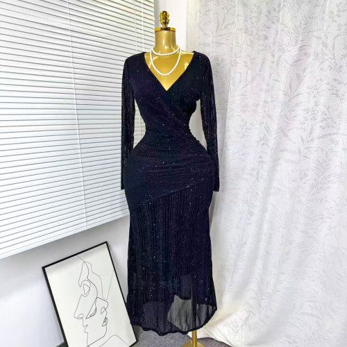 Cross V-neck long sleeved stretch mesh rhinestone dress
