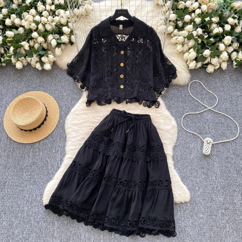 Lace hollow hook flower short top high waisted lace patchwork skirt set